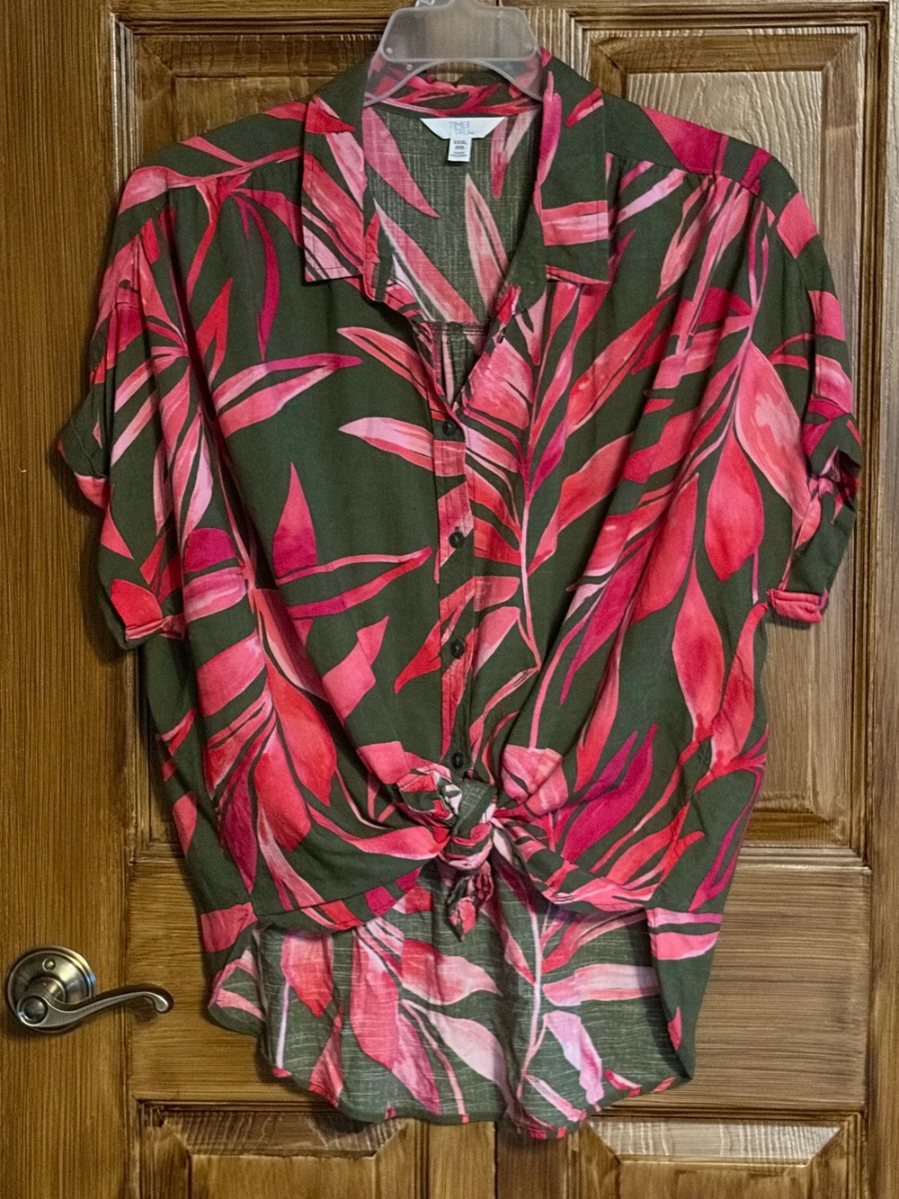Time and Tru Olive Green Button-Front Shirt with Pink and Red Leaf Print